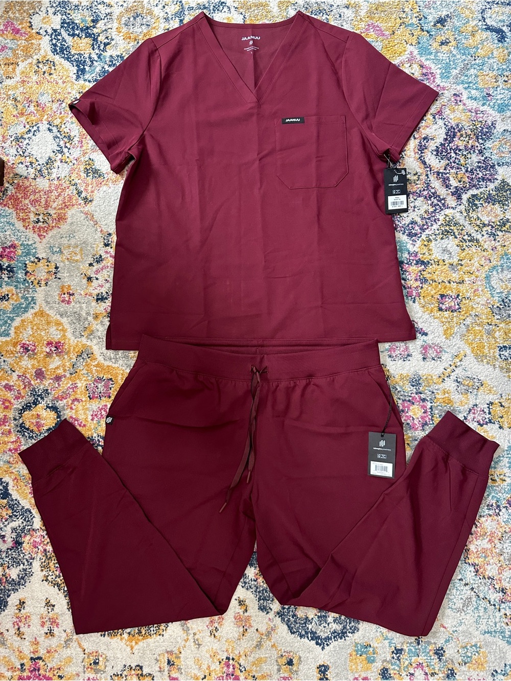 NWT Jaanuu Burgundy Medical Scrub Set Large Rhena Top XL Silex Slim Jogger Pants